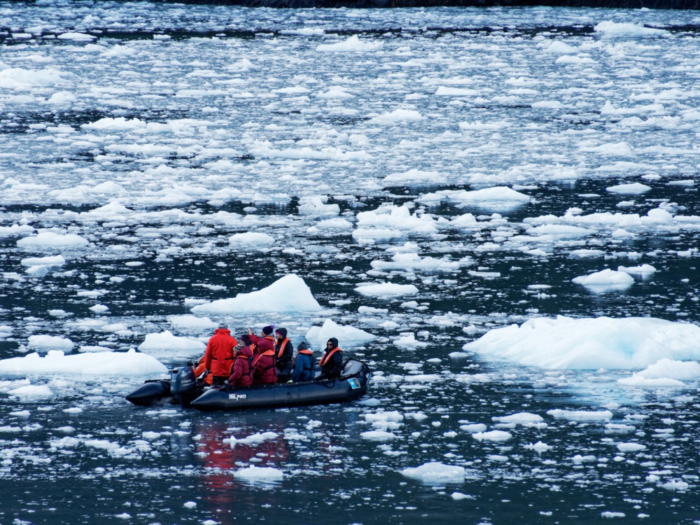 For both of our glacier visits today, we took zodiacs through the ice